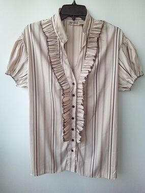 Gold Flava Striped Ruffle Button Up Blouse Cream Brown Short Sleeve Plus 16